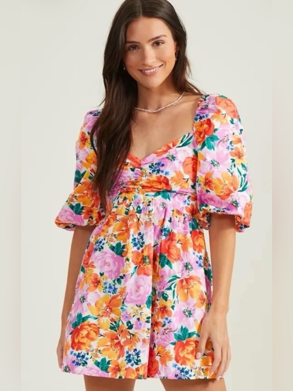 Altar'd State Pink Floral Puff-Sleeve Midi Dress with Orange Blooms